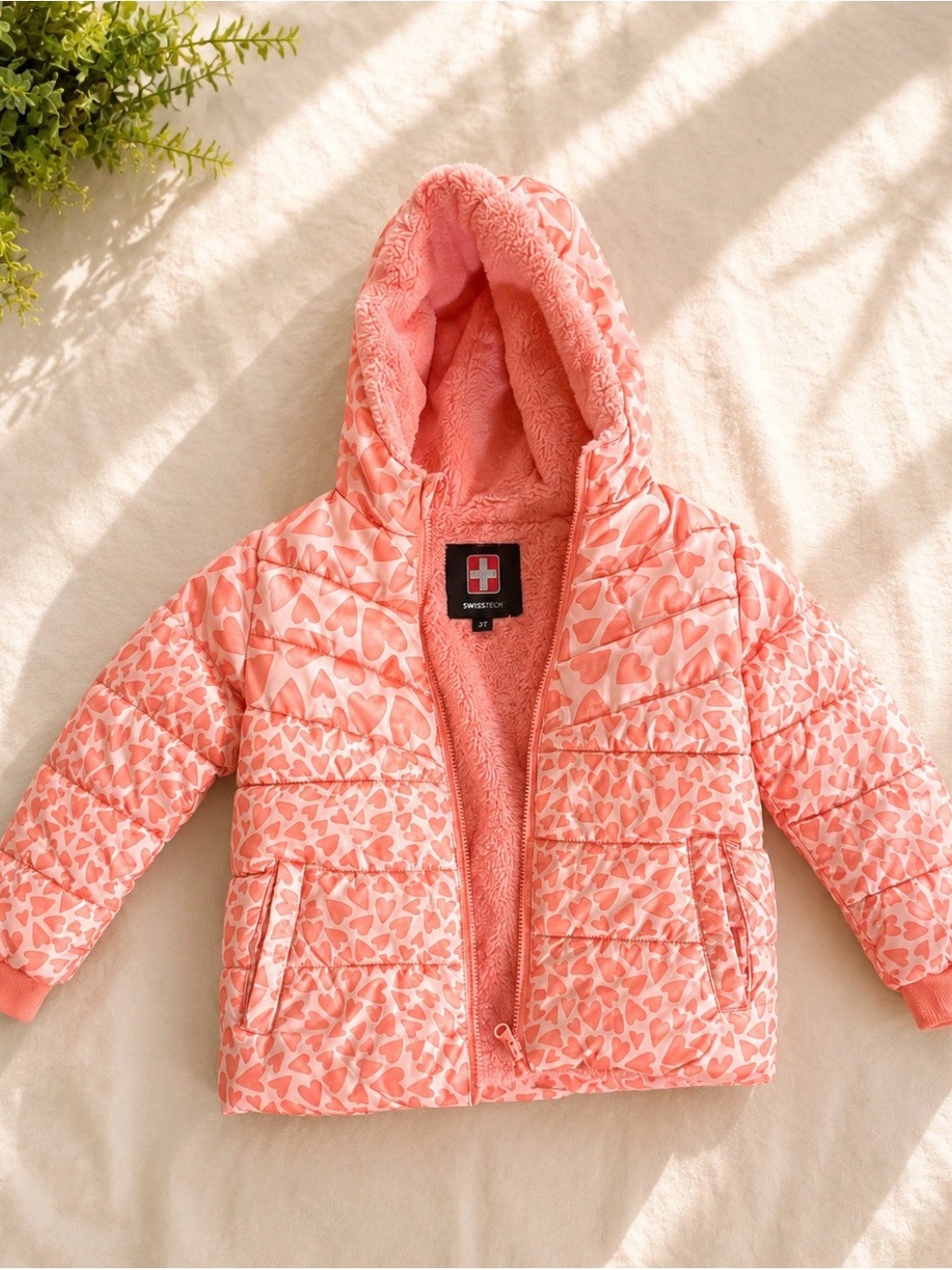 Swiss Tech Coral Pink Heart-Print Hooded Puffer Jacket for Kids